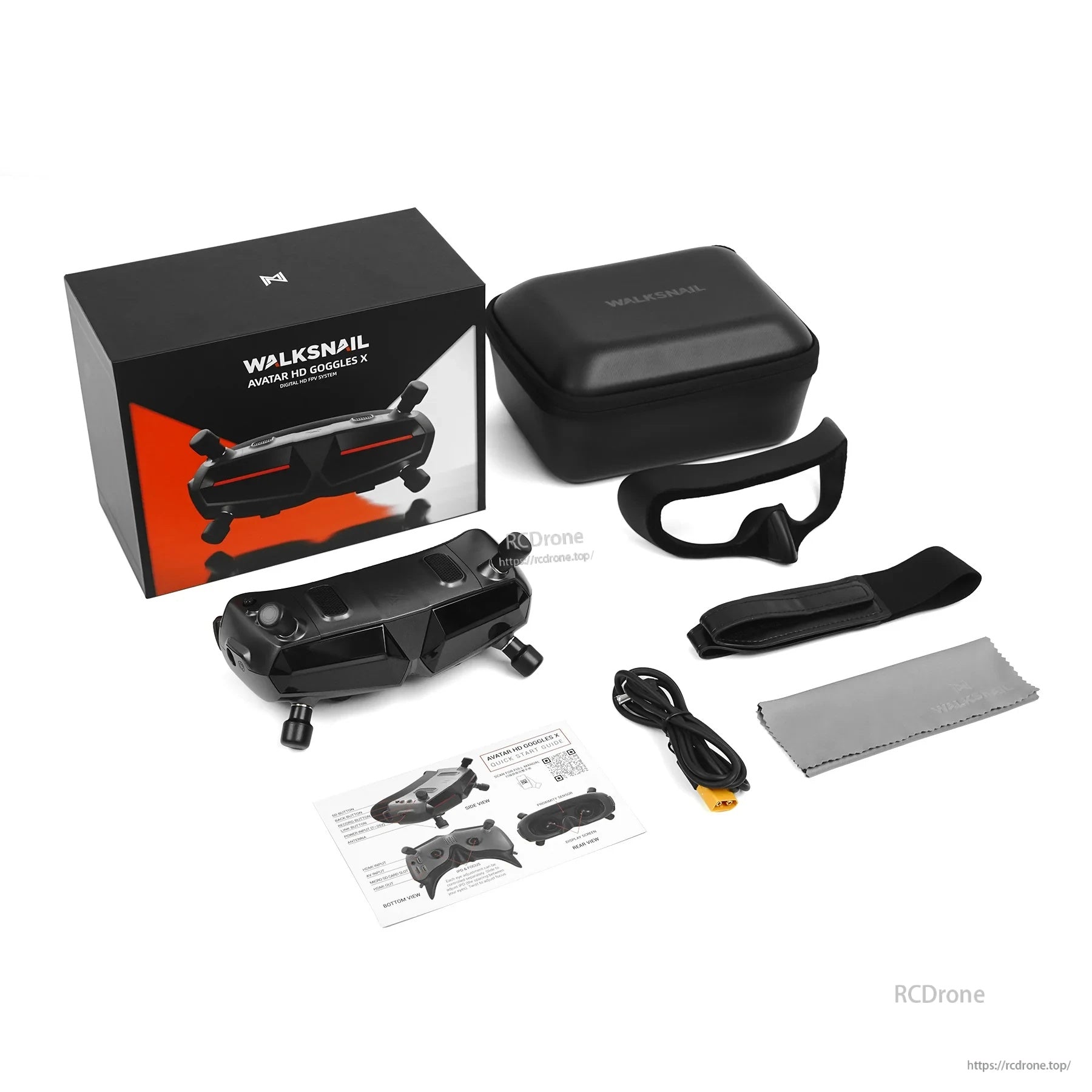 kit with storage case, foam, power cable, lens cloth, and documentation