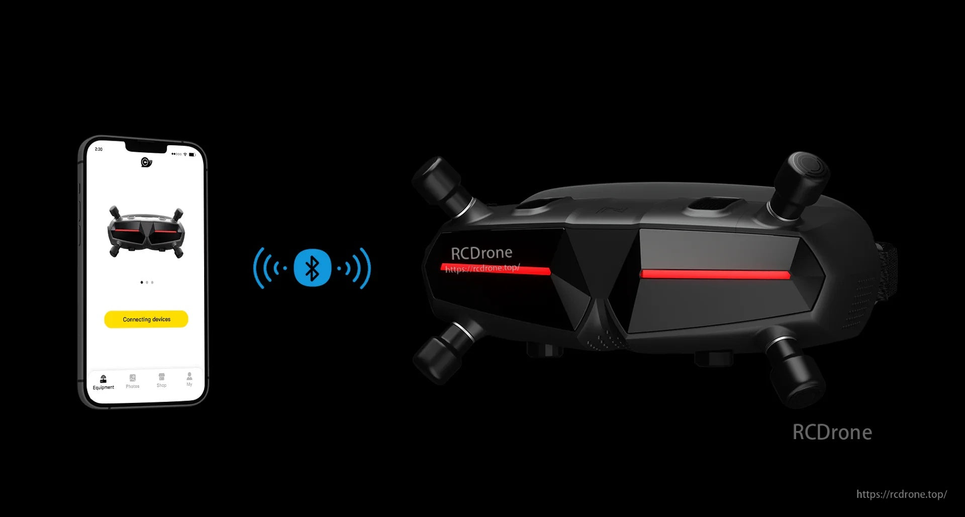 Bluetooth connection graphic between smartphone app and goggles for wireless settings and updates