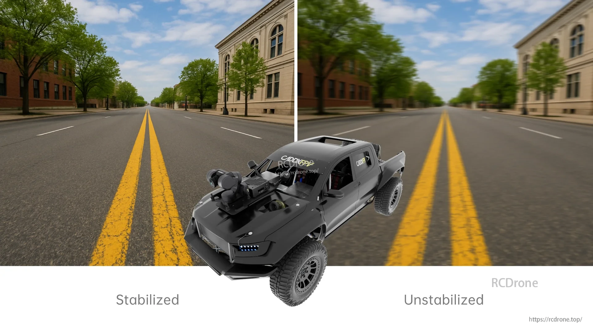 Stabilized vs unstabilized view comparison with RC car footage to demonstrate 3-axis gimbal smoothing