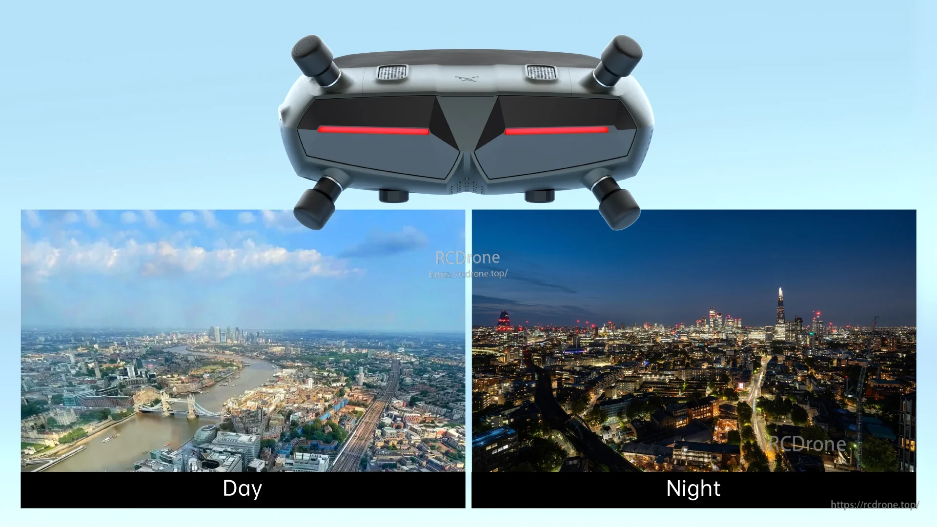 Walksnail Avatar HD Goggles X with split-screen Day and Night city view example for FPV flying