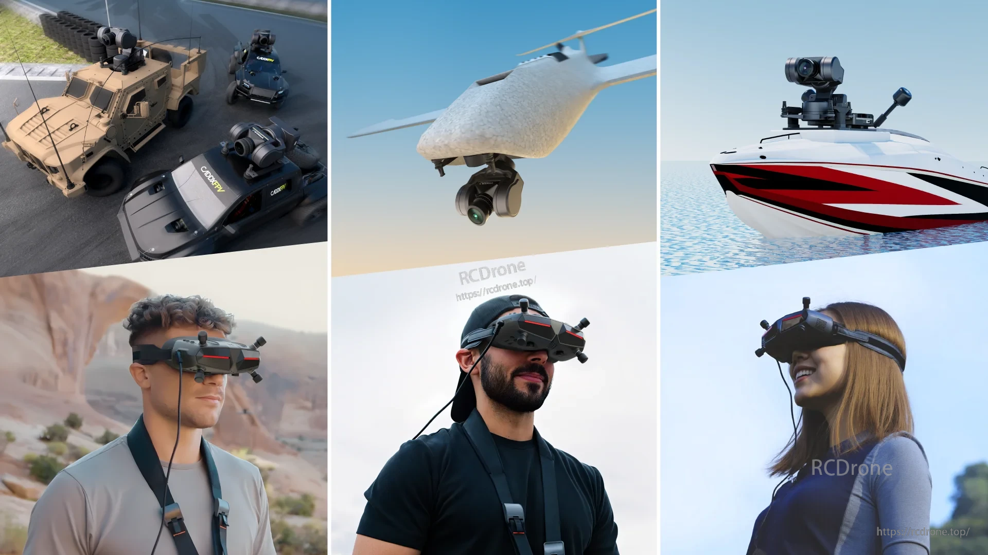 Use cases collage: FPV on RC vehicles, drone platform, boat setup, and pilots wearing FPV goggles outdoors