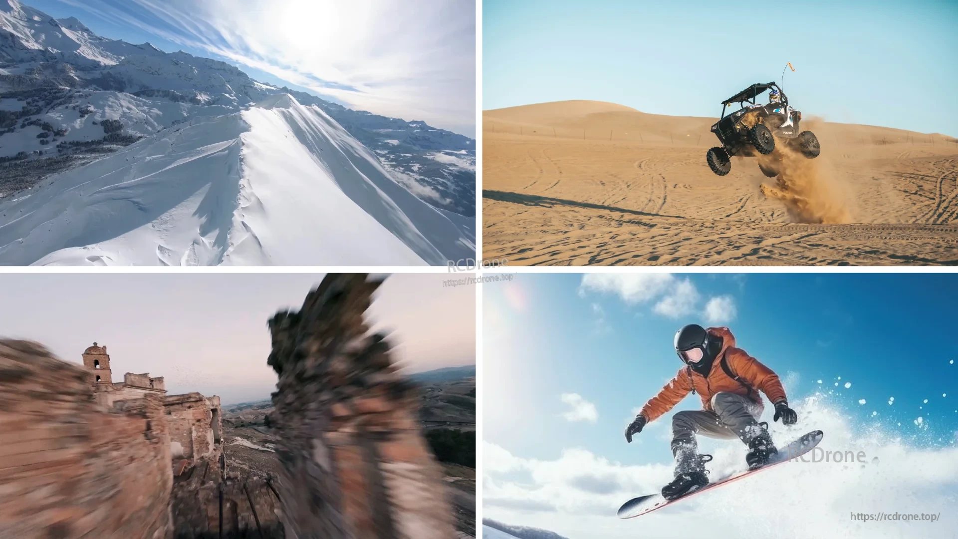 Action montage of FPV-style footage: snowy mountains, desert off-road buggy, ruins fly-through, and snowboard scene