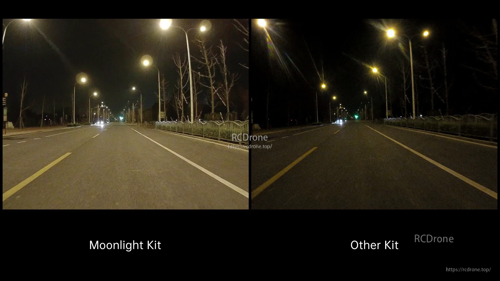 Moonlight Kit vs other kit night road comparison, with brighter street detail and less noise on Moonlight