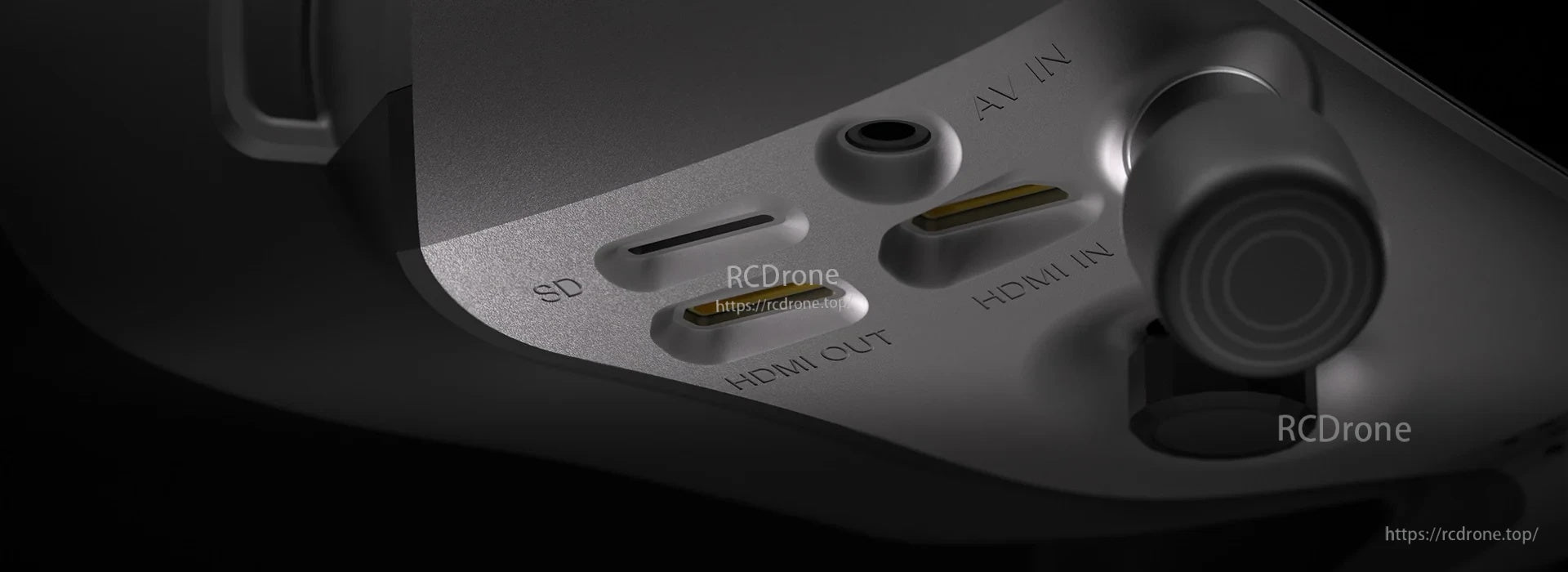 Close-up of port panel on the Walksnail Avatar HD Goggle, showing SD slot, HDMI in/out and AV IN labels