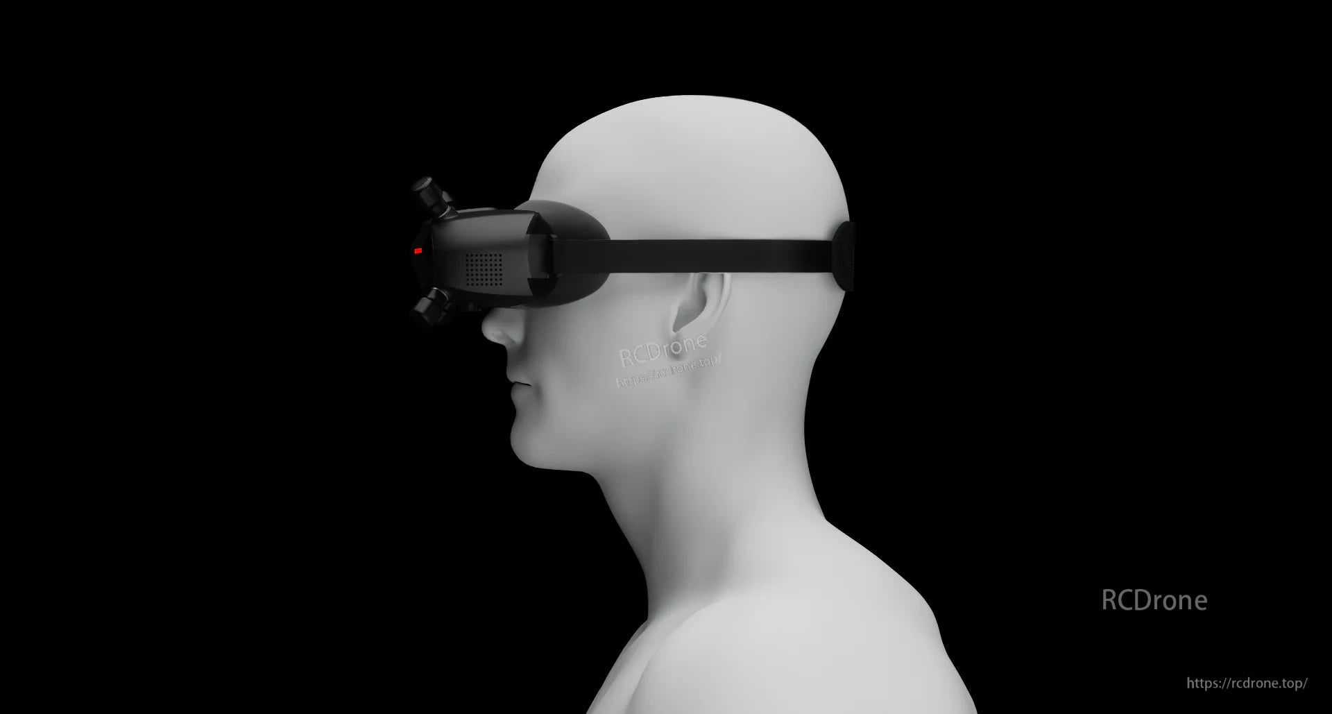 Side profile of a person wearing the FPV goggles with head strap, illustrating fit and placement