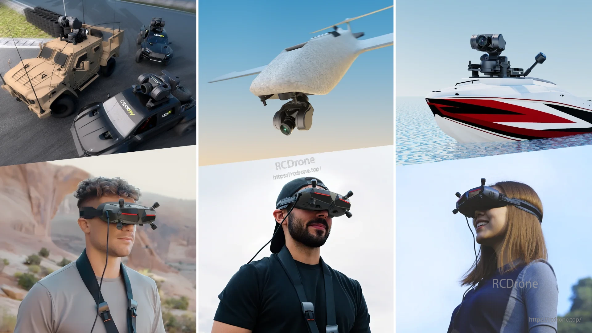 Use cases collage: FPV goggles and stabilized camera on RC vehicles, aircraft, boat, and wearable headsets