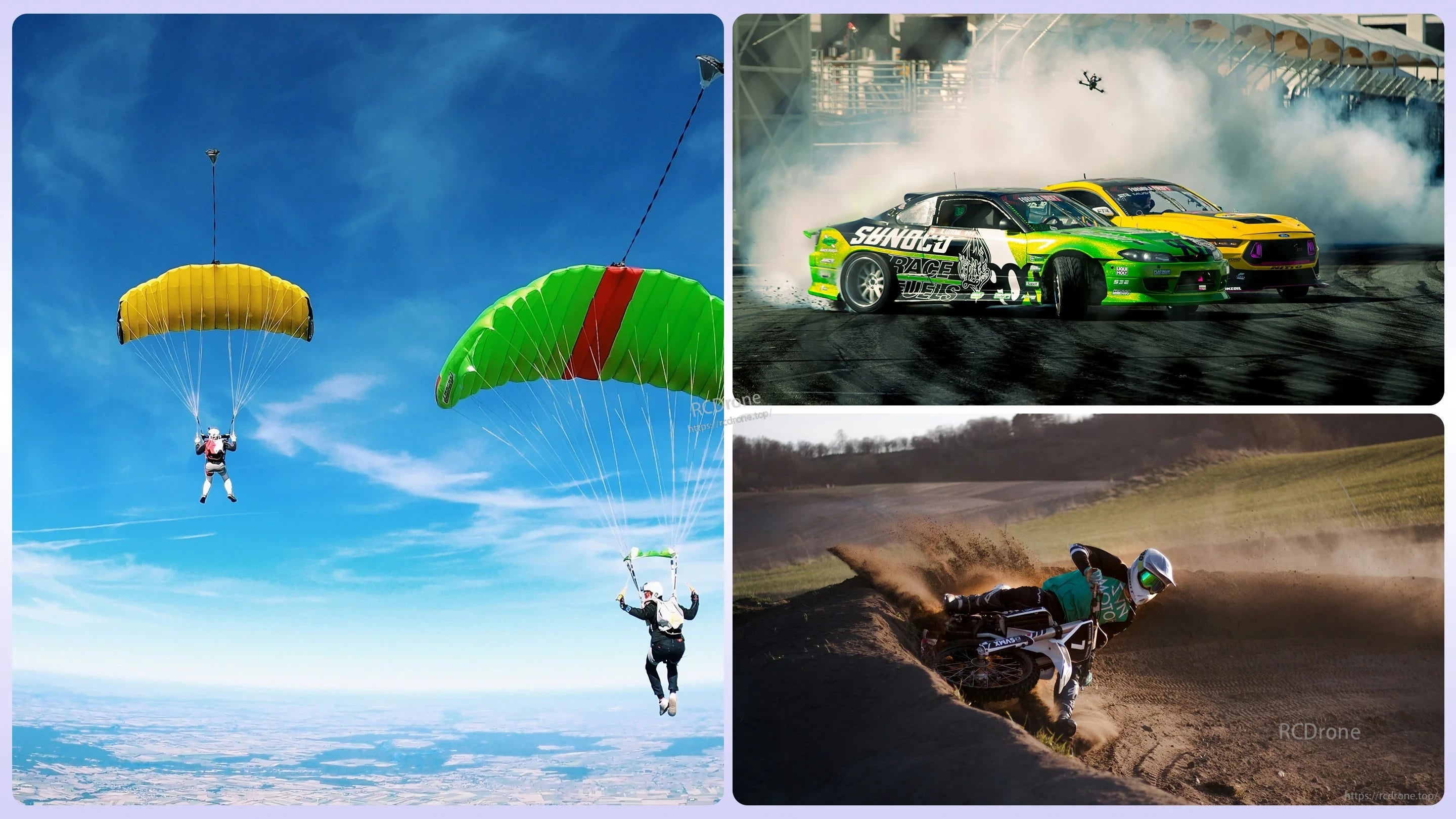 Action sports and RC use cases: parachuting, drift car racing, and dirt biking for immersive FPV viewing