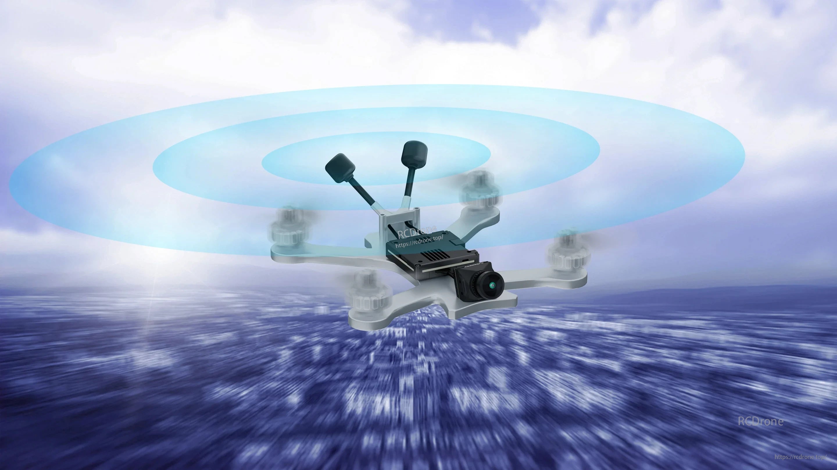 Walksnail Avatar HD goggle system concept with camera/VTX installed on a quadcopter and signal coverage rings
