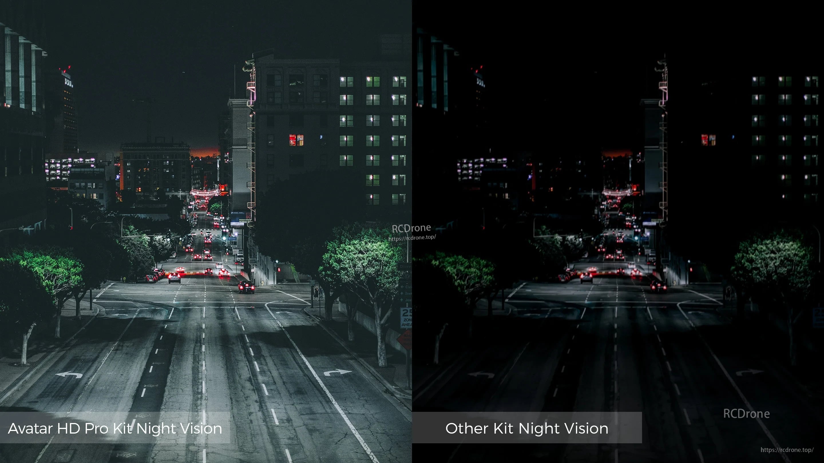 Low-light comparison for Avatar HD Pro Kit night vision versus another FPV kit in a city street scene