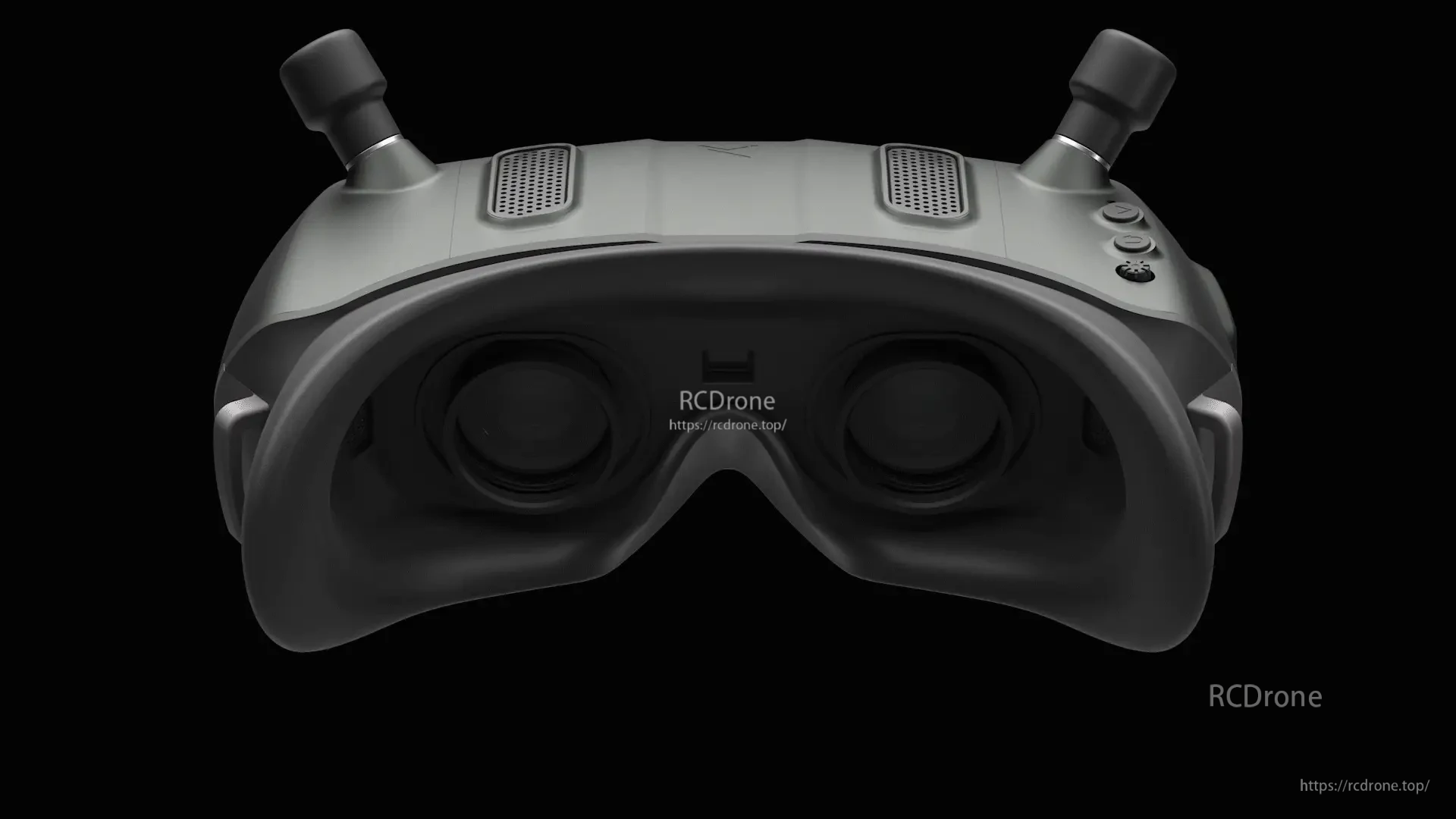 Front view of FPV goggles with power and control buttons on the right side