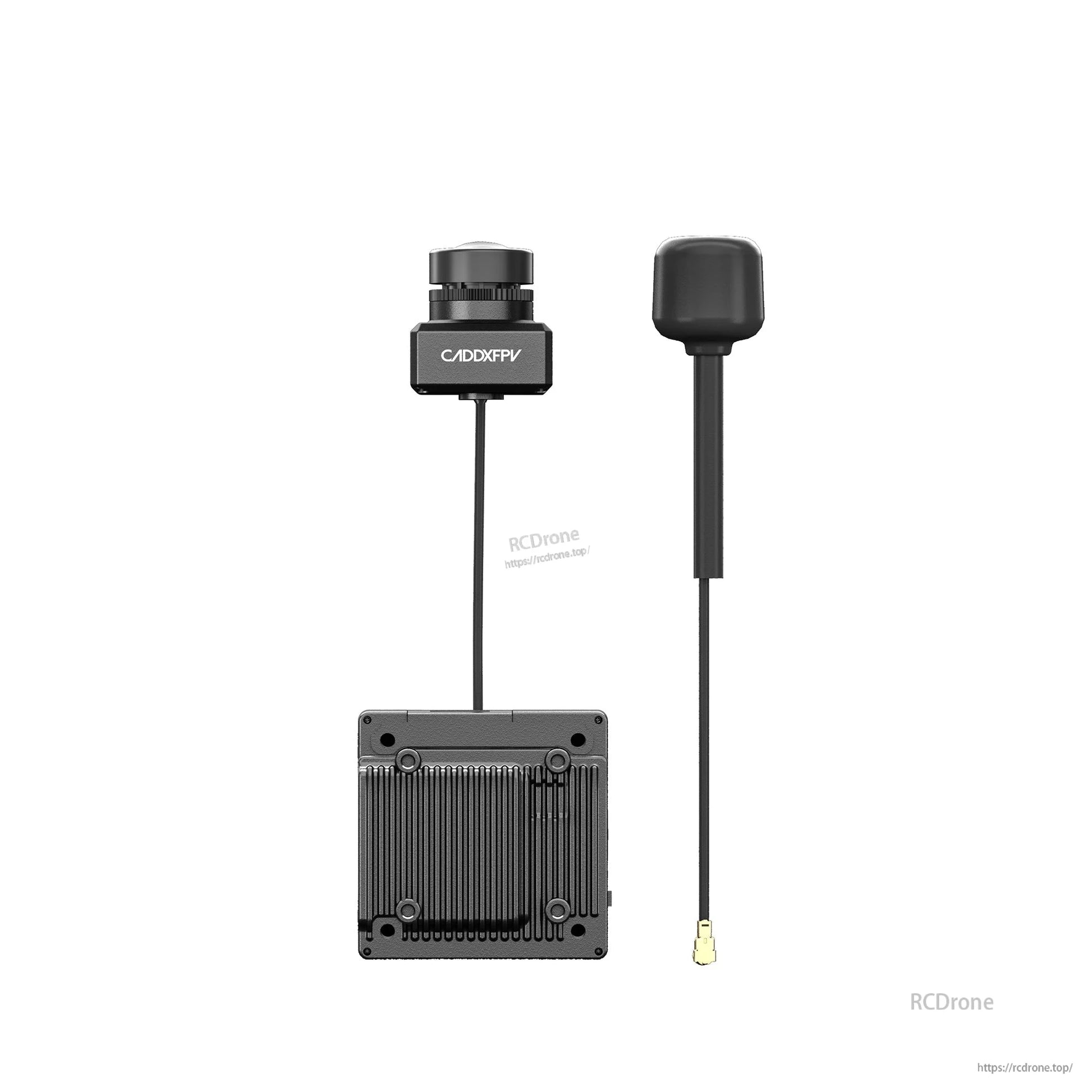 Top view of FPV kit components: camera on cable, finned VTX module, and stubby antenna with connector