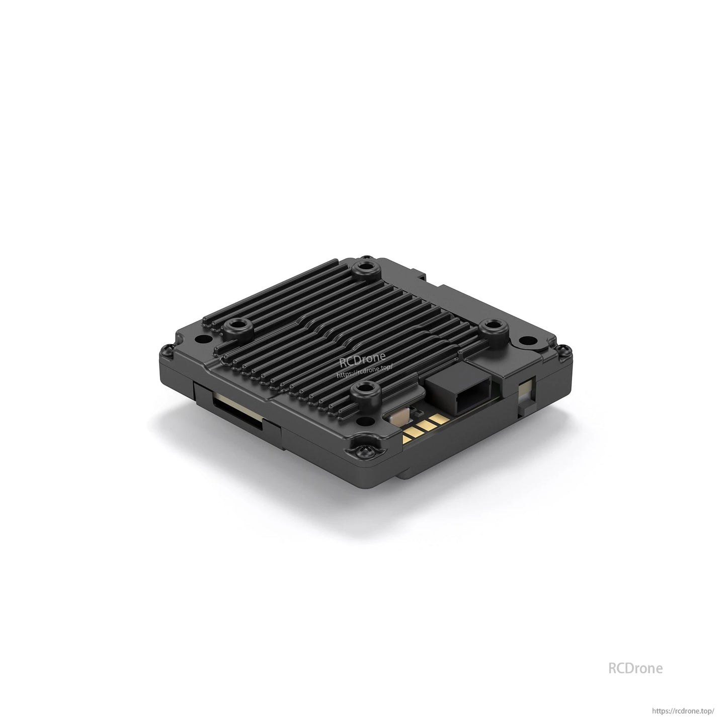 Walksnail Avatar VTX module angled view showing side ports, mounting holes, and finned top plate