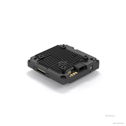 Walksnail Avatar VTX module angled view showing side ports, mounting holes, and finned top plate