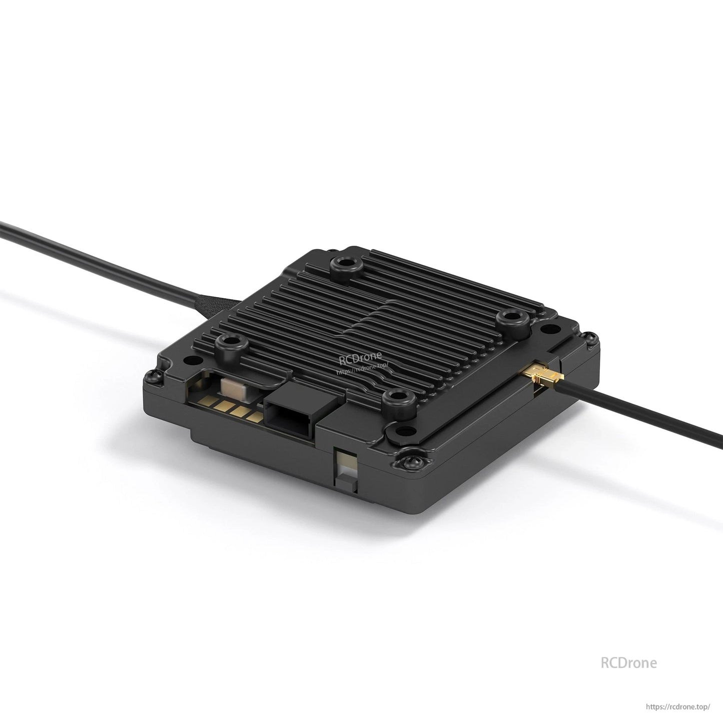 Video transmitter module close-up with finned heatsink housing and antenna connector