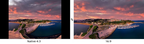 FPV video comparison showing native 4:3 sensor view versus 16:9 output framing