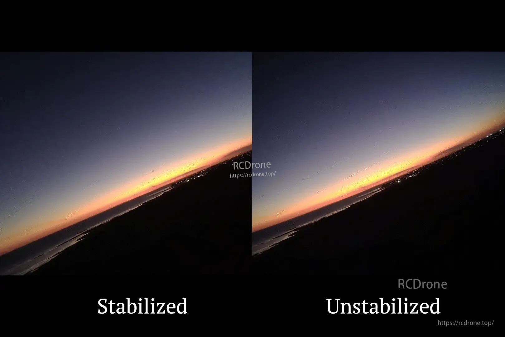 Stabilized vs unstabilized flight footage comparison demonstrating electronic image stabilization effect