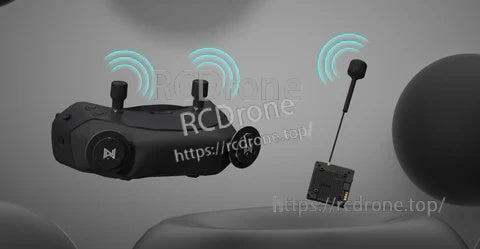 Walksnail digital FPV system concept showing goggles receiving signal from VTX antenna
