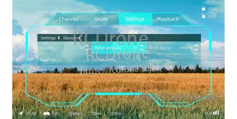 Walksnail OSD menu overlay with settings, channel, share, and playback tabs