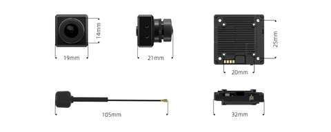 Dimension diagram for Avatar V2 camera, VTX module, and antenna with key measurements in mm