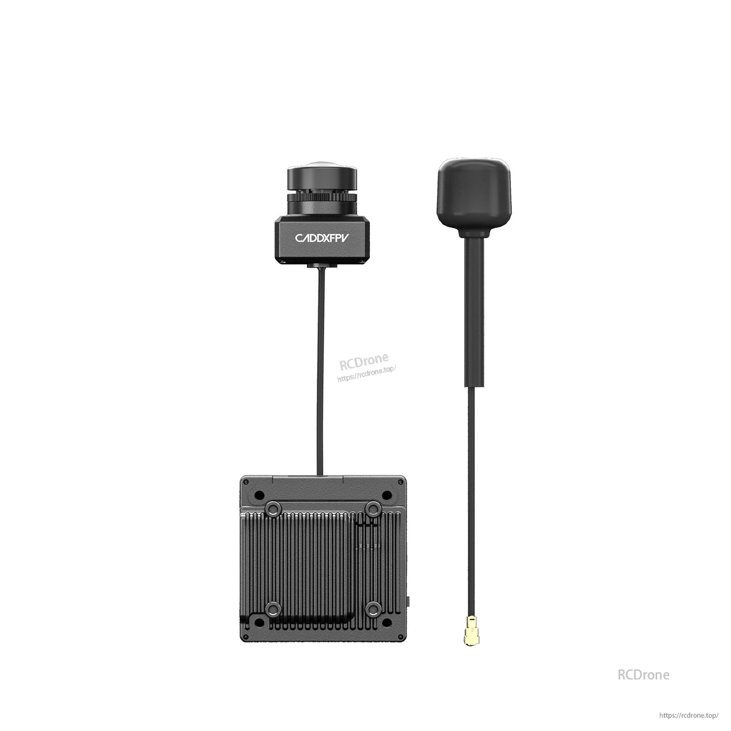 Top view of CaddxFPV camera, finned VTX heatsink and antenna laid out on white background