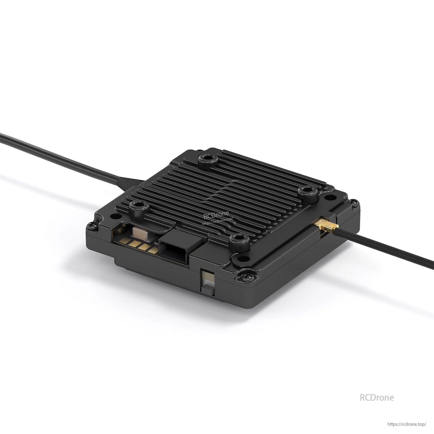 Avatar V2 VTX module close-up showing finned heatsink, mounting holes and antenna port