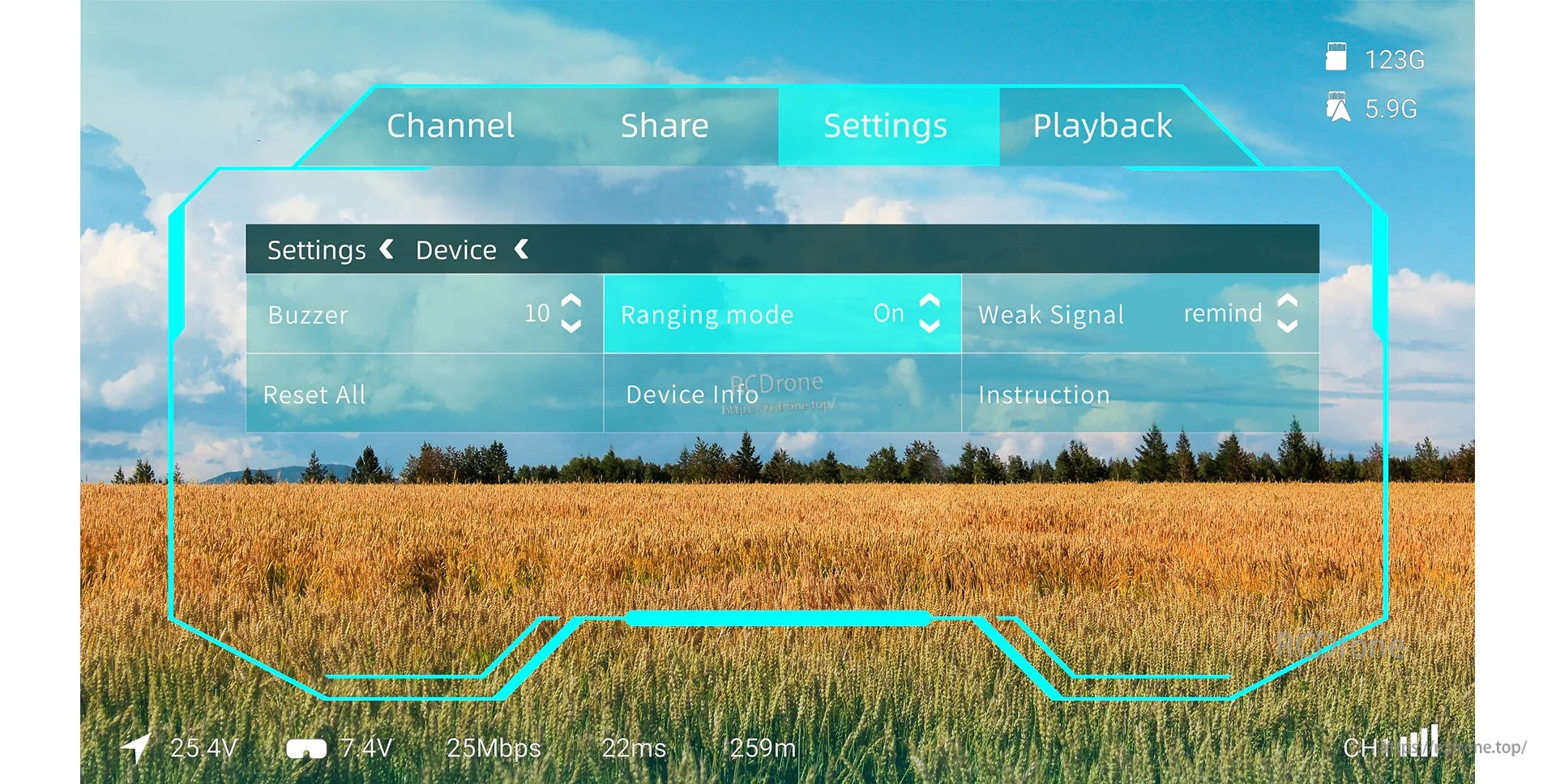 Walksnail FPV OSD menu overlay showing channel, share, settings, playback, and ranging mode options