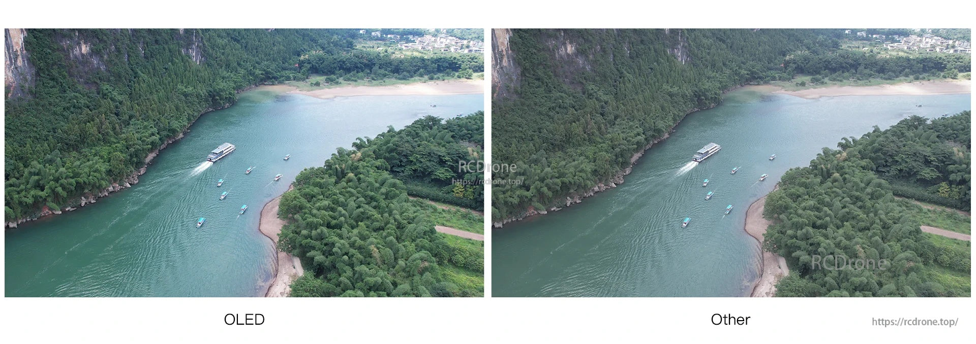 OLED vs other display comparison image showing improved contrast and detail in landscape footage