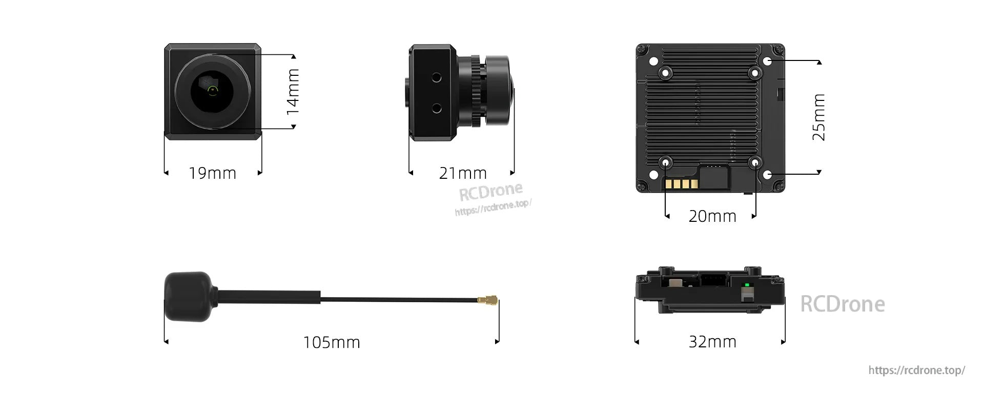 Avatar V2 camera and VTX dimensions diagram including antenna length and mounting size references