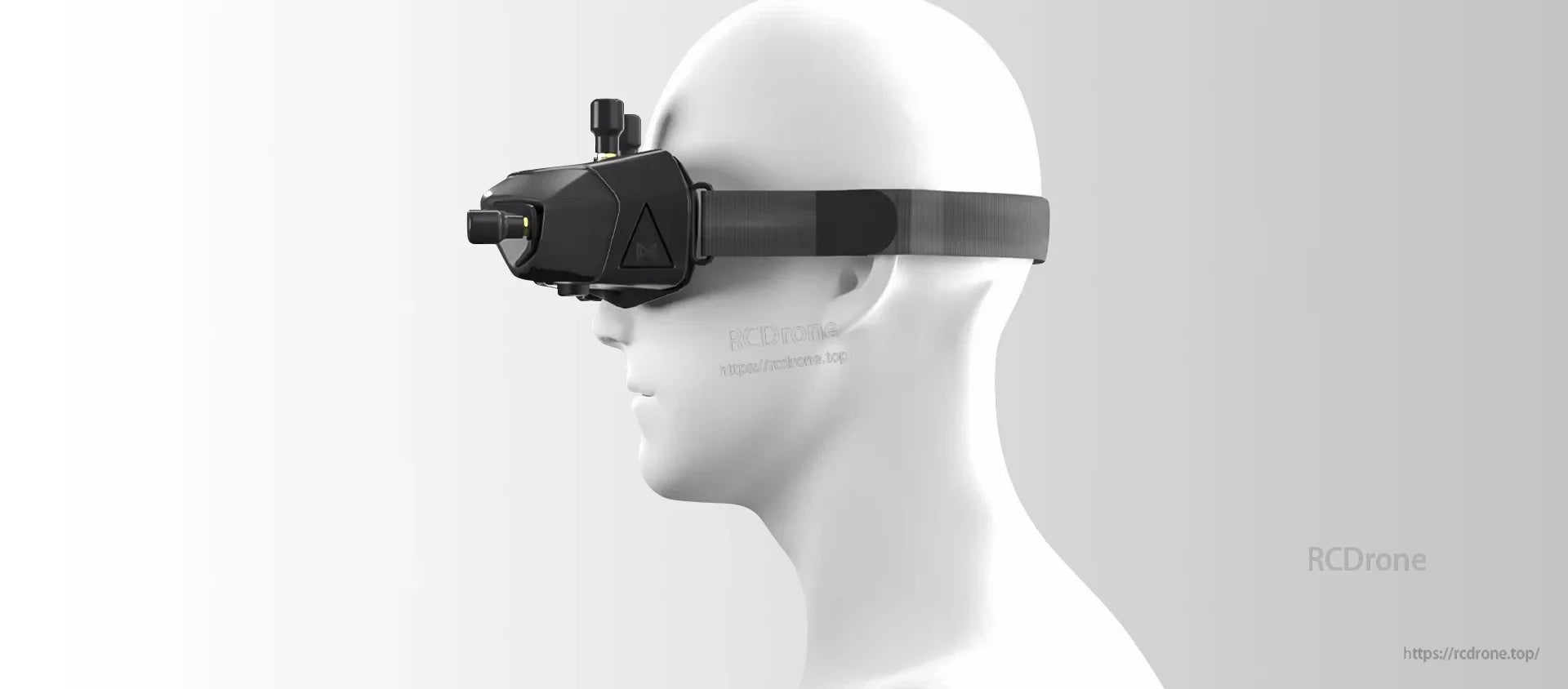 Side profile of FPV goggles worn on a head model with adjustable strap