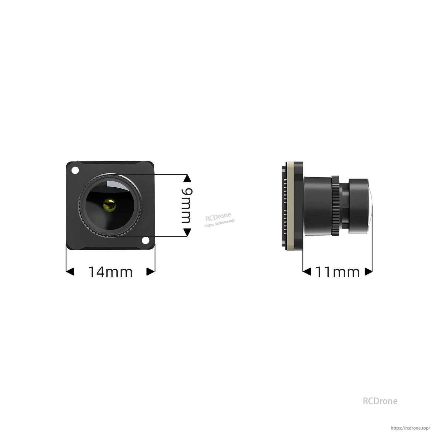 FPV camera dimensions diagram showing 14mm width, 9mm height and 11mm side depth