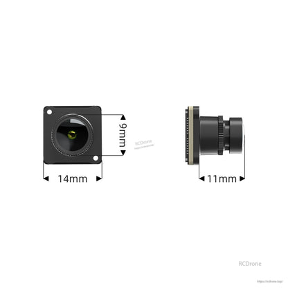 FPV camera dimensions diagram showing 14mm width, 9mm height and 11mm side depth