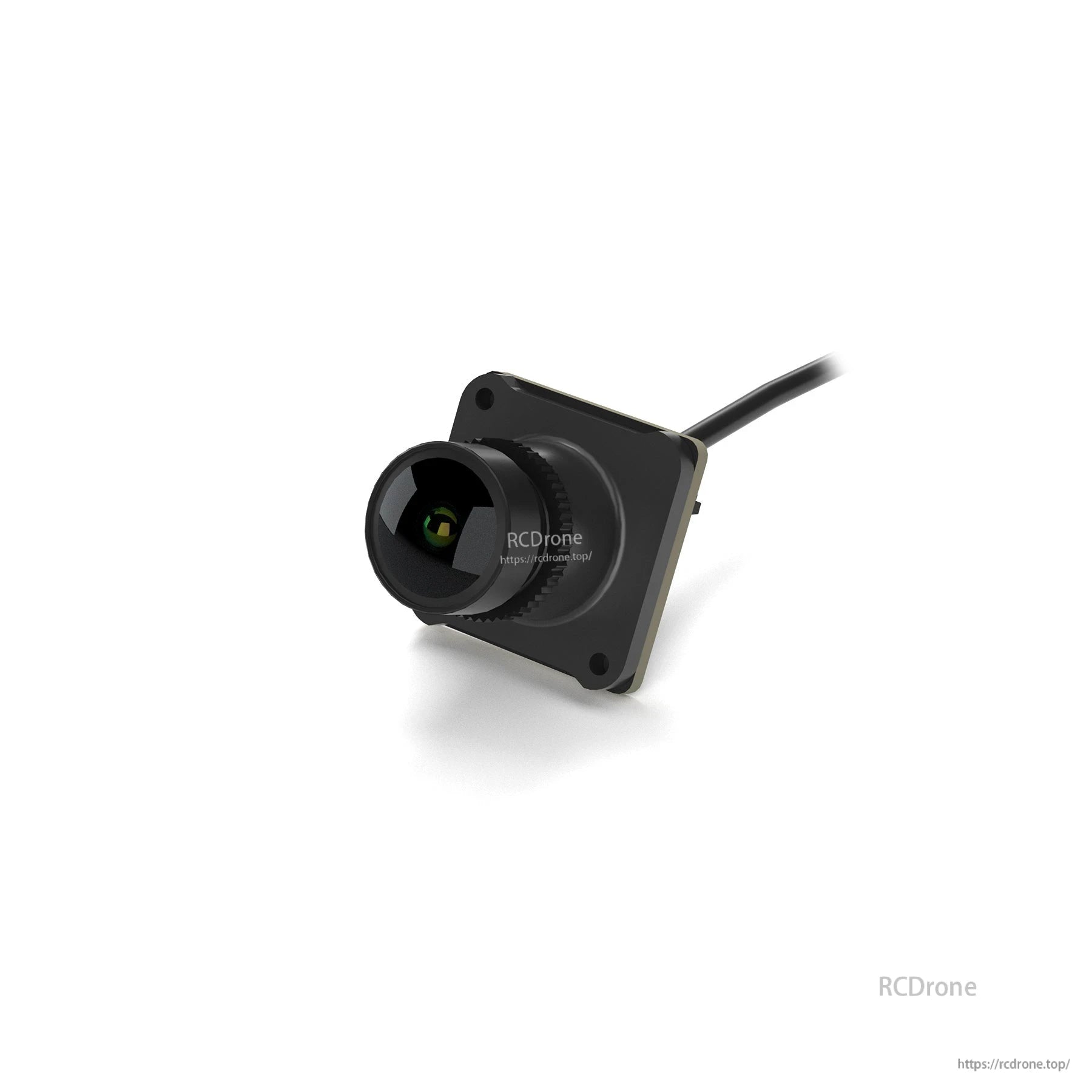 Angled view of mini FPV camera module with square mounting plate, lens barrel and rear cable