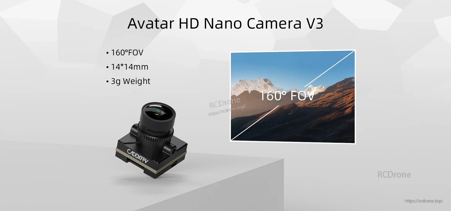Walksnail Avatar HD Nano Camera V3 on promo graphic highlighting 160° FOV, 14×14 mm size and 3 g weight
