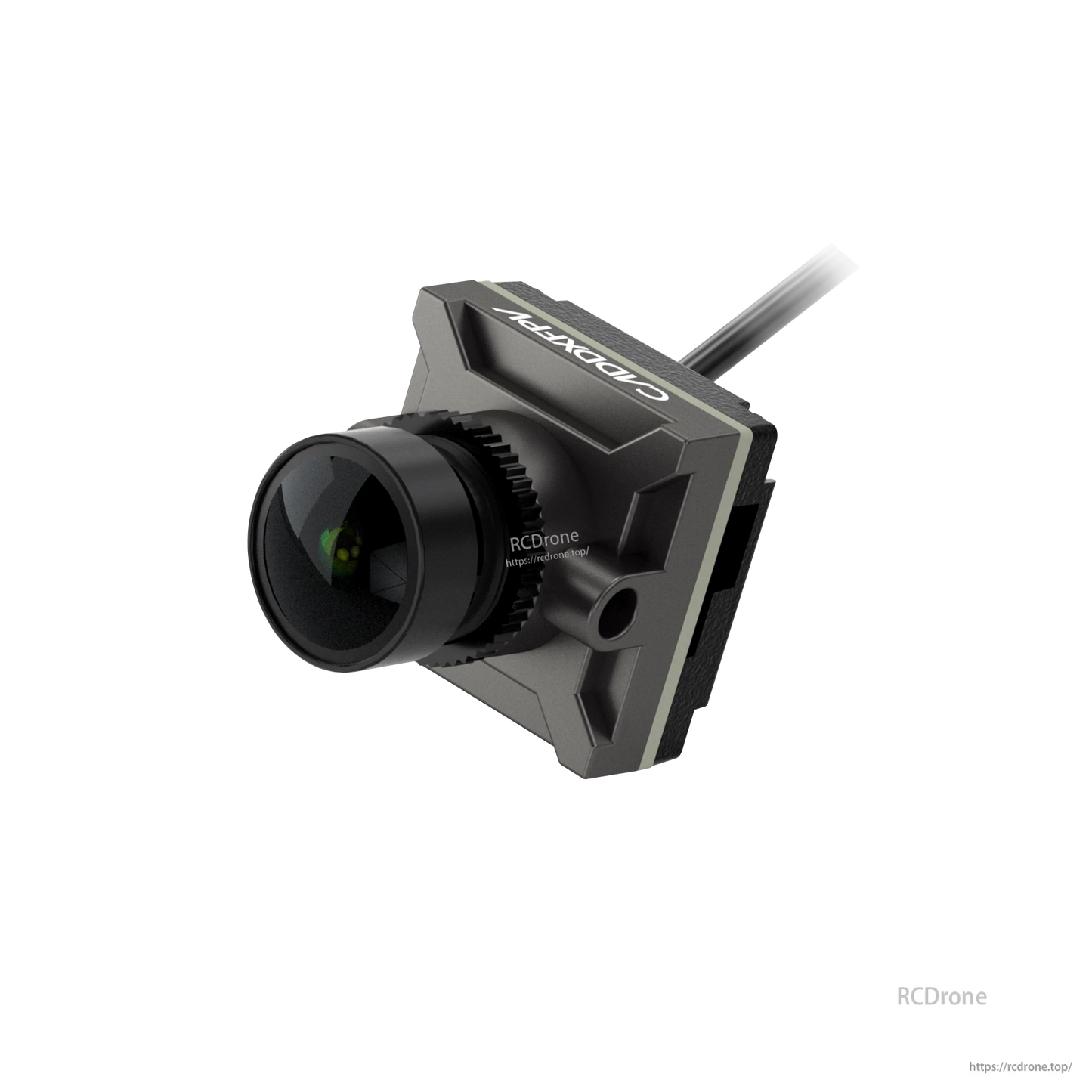 Gray housing FPV camera close-up, angled view highlighting lens barrel, side port, and cable
