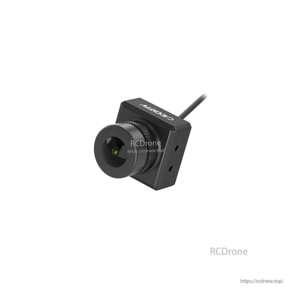 Compact FPV camera module in black cube housing with attached cable, angled product view