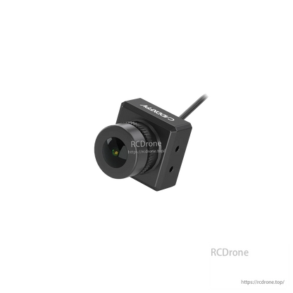 Compact FPV camera module in black cube housing with attached cable, angled product view