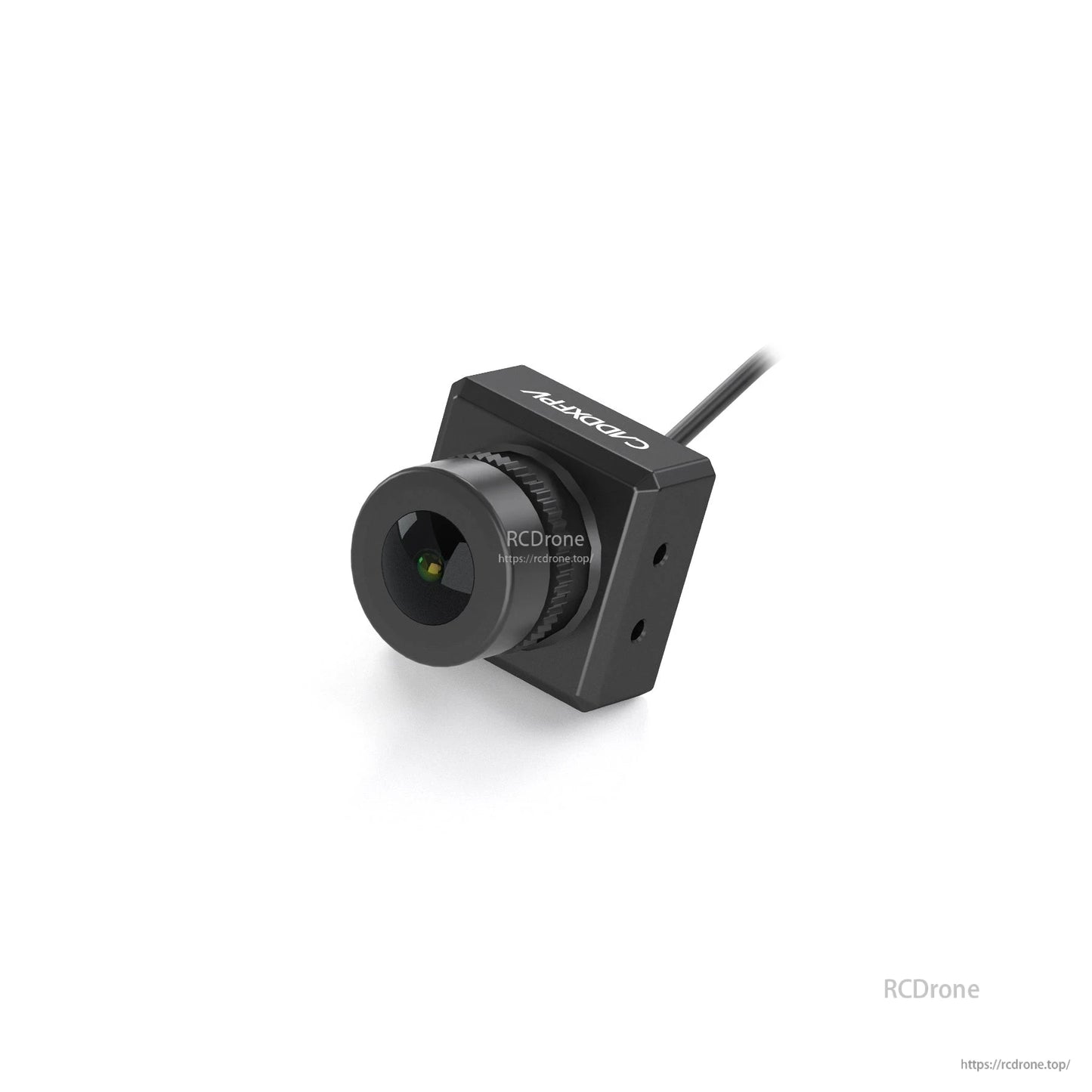 Black housing FPV camera three-quarter view on white background, lens focus and square body