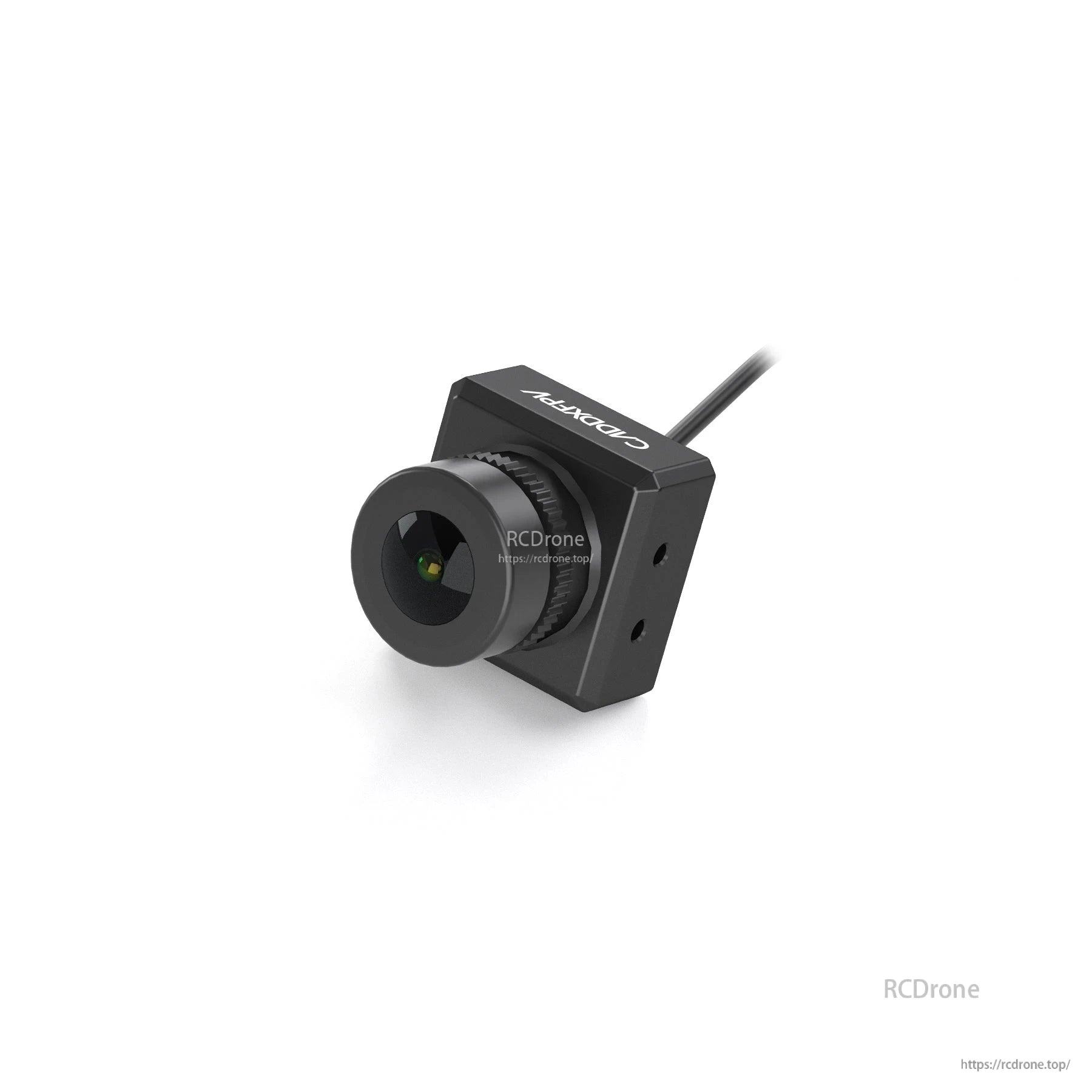 Black housing FPV camera three-quarter view on white background, lens focus and square body