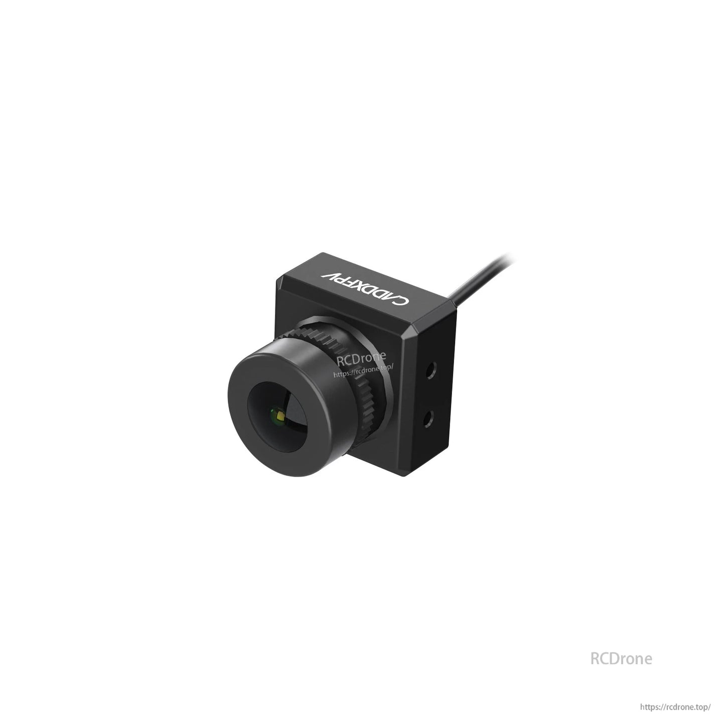 Top-angled view of black FPV camera with logo on housing, lens and mounting holes visible