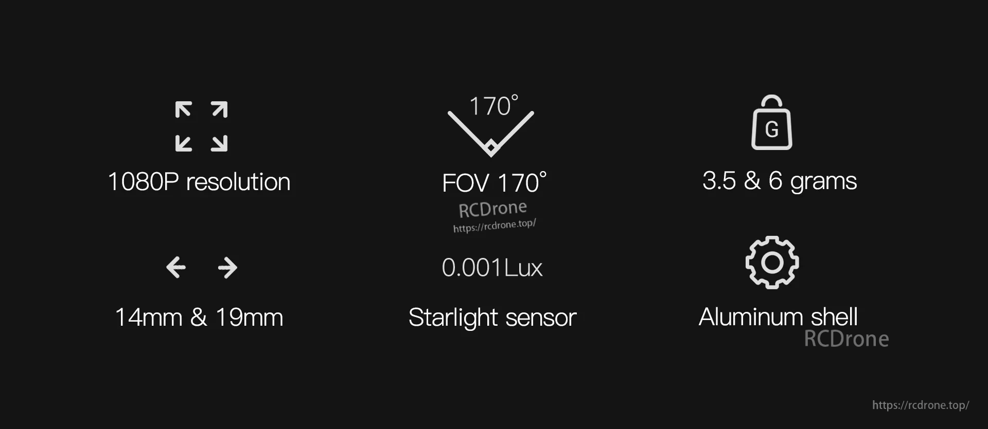 Feature overview icons: 1080P, 170° FOV, starlight 0.001 lux sensor, 14/19 mm size, aluminum shell, 3.5/6 g