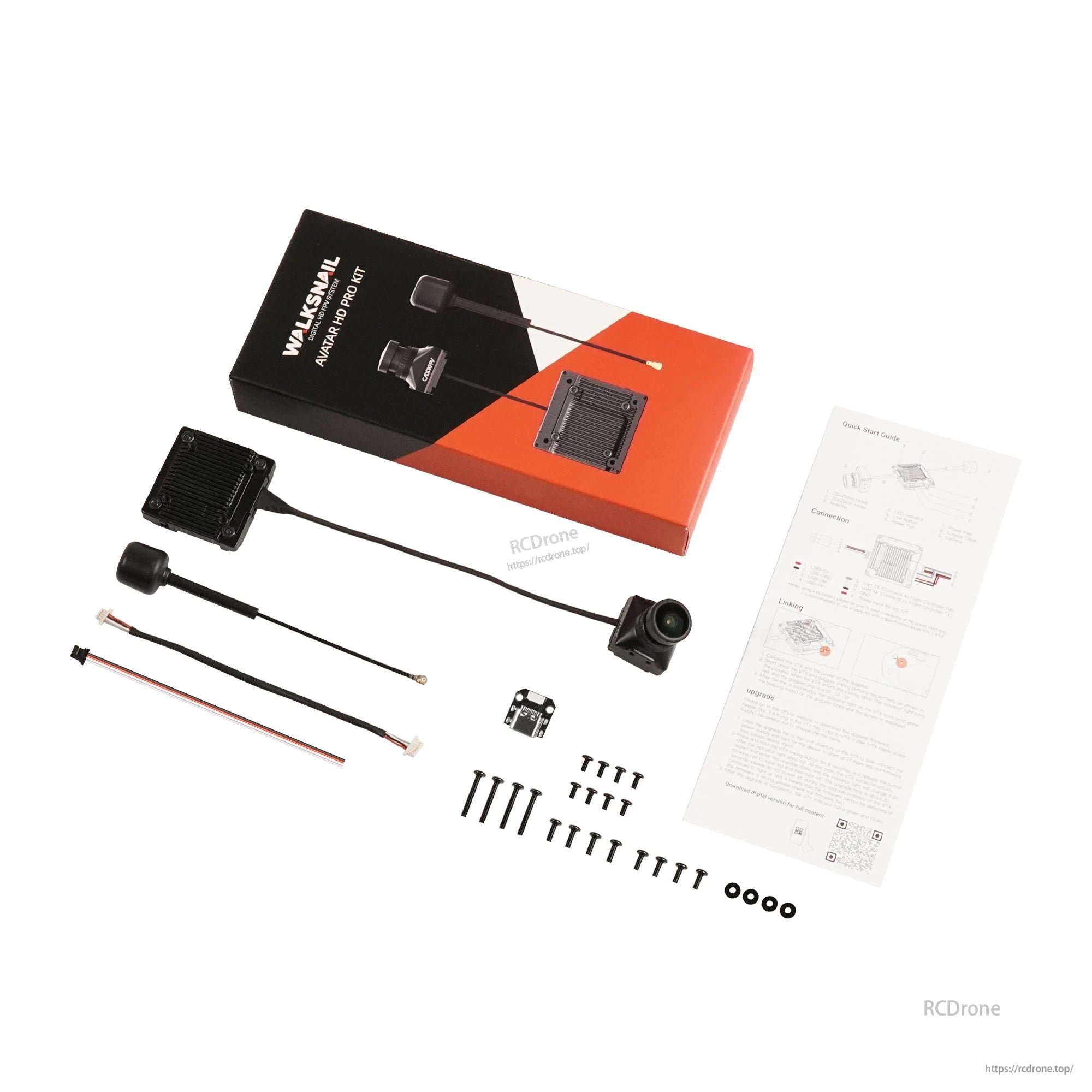 Walksnail Avatar HD Pro kit includes camera, antenna, cables, screws, and guide for FPV drone setup.