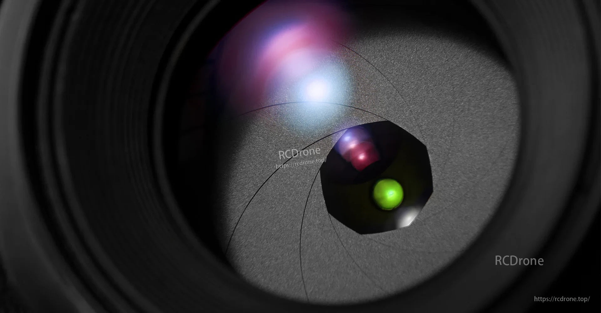 Close-up of camera lens aperture blades, representing the large F1.6 aperture for low-light FPV