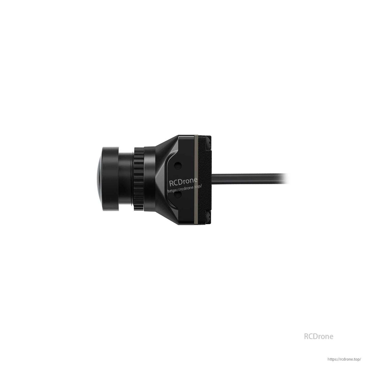 Side profile of FPV camera showing lens protrusion, ribbed focus ring, and rear cable exit