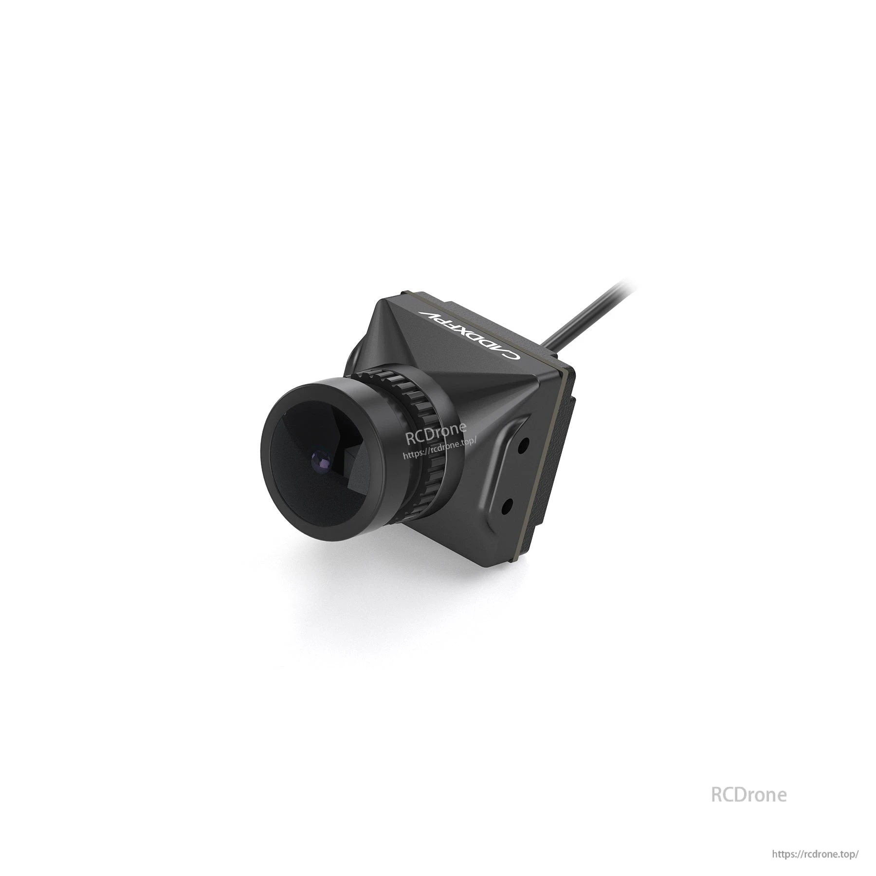 Angled view of FPV camera with side mounting holes and attached cable, shown on white background