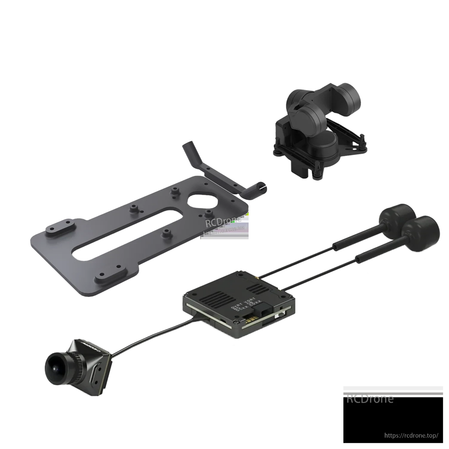 Kit contents layout showing GM3 gimbal, 3D printed GM3 mount plate, camera, VTX module and cables