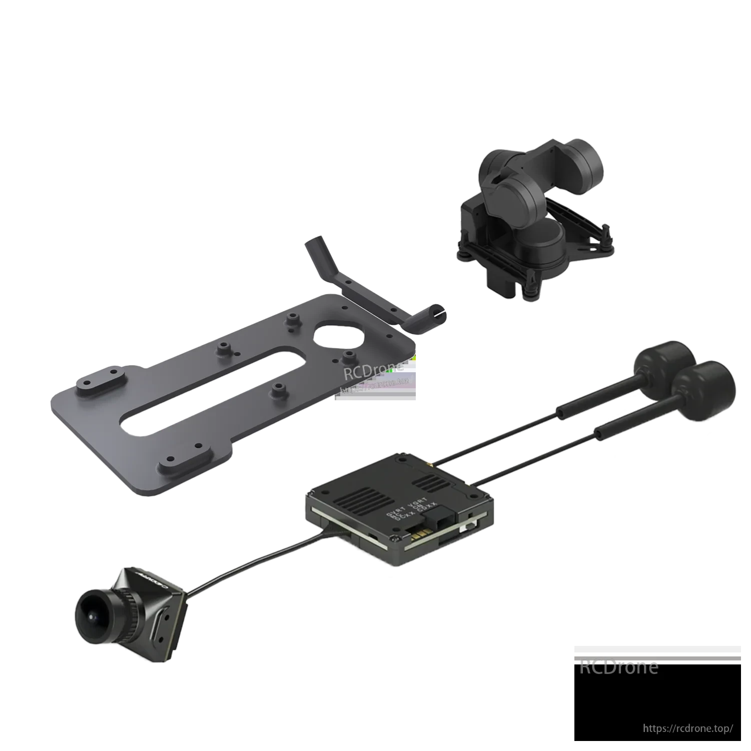 Kit contents layout showing GM3 gimbal, 3D printed GM3 mount plate, camera, VTX module and cables