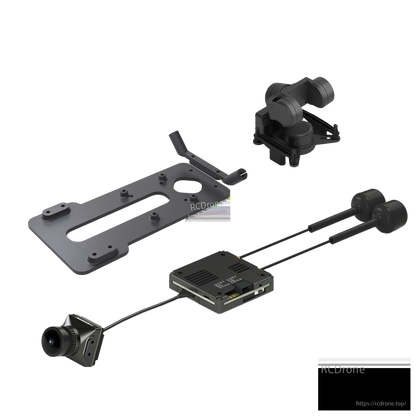 Kit contents layout showing GM3 gimbal, 3D printed GM3 mount plate, camera, VTX module and cables