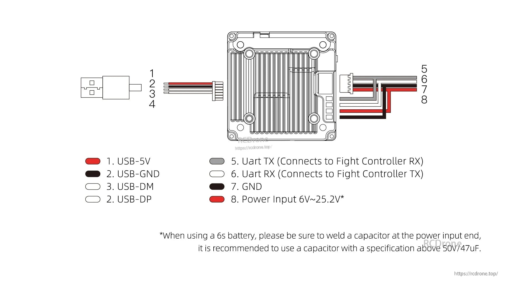 Wiring diagram for Walksnail Avatar HD Pro shows USB, power, and UART connections; recommends ≥50V/47µF capacitor with 6S battery.