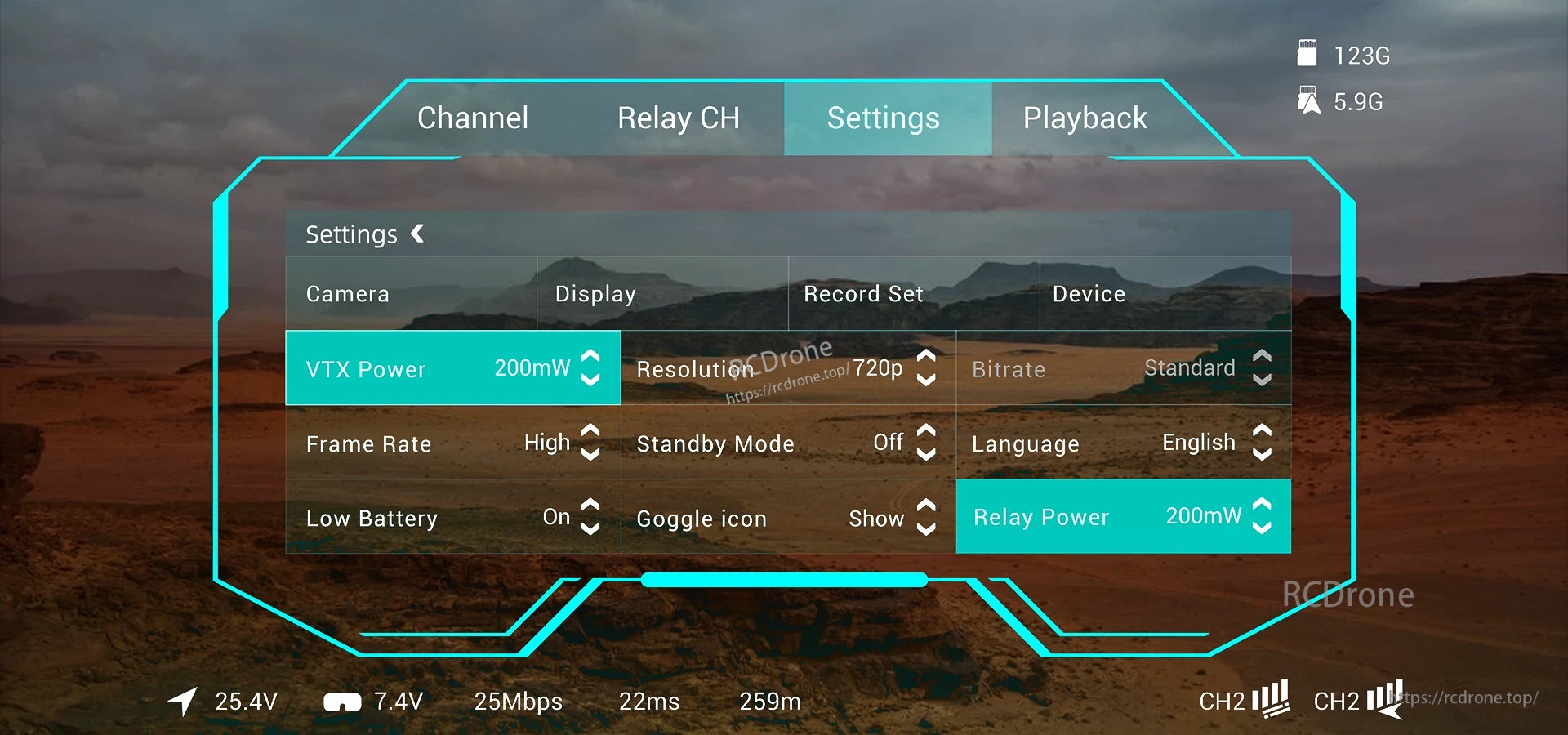 Walksnail Avatar Repeater, Settings menu shows VTX/Relay Power at 200mW, 720p resolution, high frame rate, English language, with battery, signal, and channel indicators.