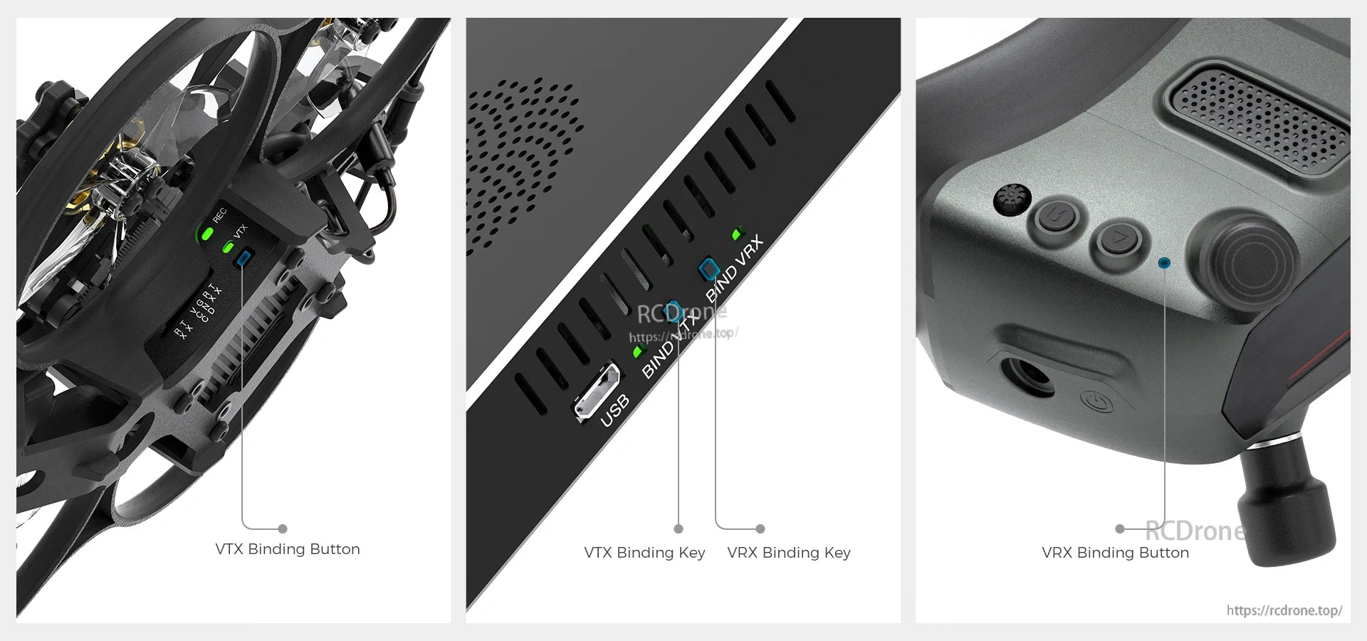 The Walksnail Avatar Repeater displays VTX and VRX binding buttons and keys.